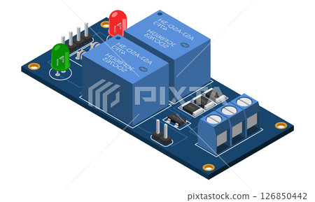 Isometric electronic board. Isometric printed circuit board with electronic components. Electronic components and integrated circuit board Isometric electronic board. Isometric printed circuit board with electronic components. Electronic components and integrated circuit board 126850442