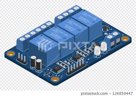 Isometric electronic board. Isometric printed circuit board with electronic components. Electronic components and integrated circuit board 126850447