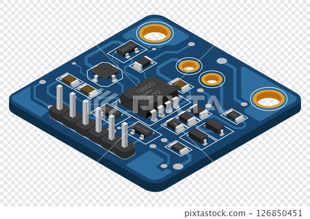 Isometric electronic board. Isometric printed circuit board with electronic components. Electronic components and integrated circuit board 126850451