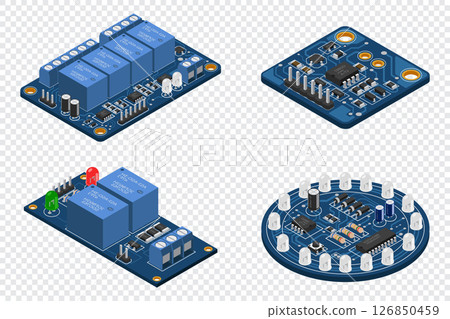 Set of isometric electronic board. Isometric printed circuit board with electronic components. Electronic components and integrated circuit board Set of isometric electronic board. Isometric printed circuit board with electronic components. Electronic components and integrated circuit board 126850459