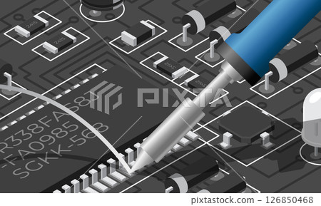 Isometric electronic board with soldering iron. Isometric printed circuit board with electronic components. Electronics repair 126850468