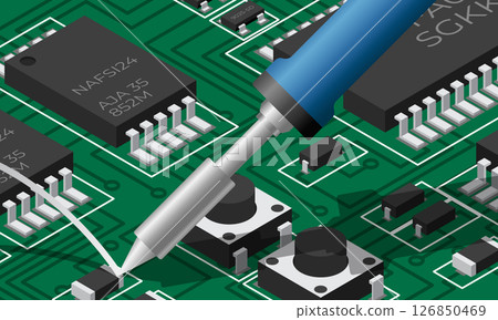 Isometric electronic board with soldering iron. Isometric printed circuit board with electronic components. Electronics repair 126850469