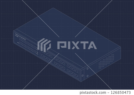 Blueprint of isometric switch. Networking ethernet switch. Isometric switch. Network technology. Vector illustration 126850473