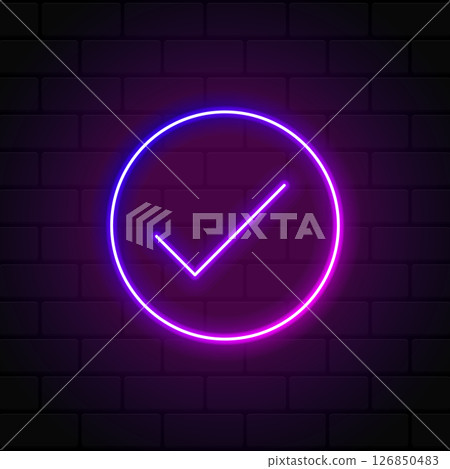 Check mark in neon style. Purple tick check mark. Retro sign with glowing neon. Vector illustration Check mark in neon style. Purple tick check mark. Retro sign with glowing neon. Vector illustration 126850483
