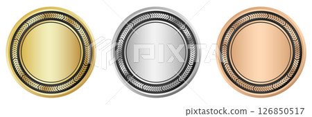 Gold, silver, and bronze medal. Realistic medal set. Prizes for winner. Reward isolated. Vector illustration 126850517