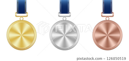 Gold, silver, and bronze medal. Realistic medal set. Prizes for winner. Award with ribbon. Reward isolated. Vector illustration 126850519