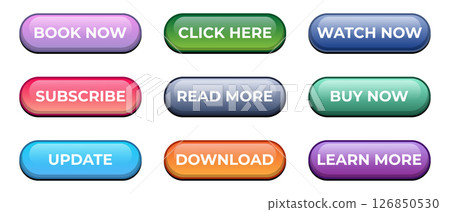 Colorful web buttons set. Read more, learn more, buy now, download, watch now, book now. Web design elements. Vector illustration 126850530