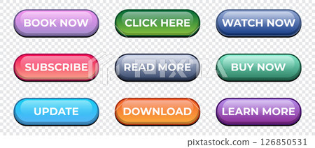 Colorful web buttons set. Read more, learn more, buy now, download, watch now, book now. Web design elements. Vector illustration 126850531
