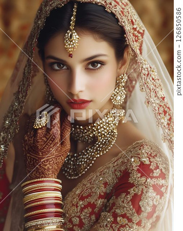 Elegant indian bride in traditional wedding attire, adorned with intricate henna designs, gold jewelry, and a red lehenga, posing gracefully for her special day Elegant indian bride in traditional wedding attire, adorned with intricate henna designs, gold jewelry, and a red lehenga, posing gracefully for her special day 126850586