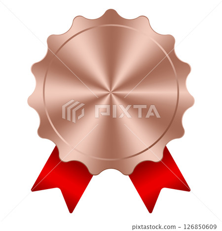 Bronze medal. Bronze medal with red ribbon. Design winner bronze medal prize. Red ribbon award with bronze medal. Vector illustration 126850609