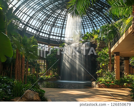 Indoor Waterfall Surrounded by Lush Greenery in Glass Dome Indoor Waterfall Surrounded by Lush Greenery in Glass Dome 126850679