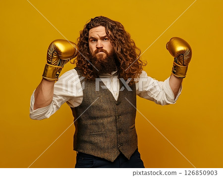 Man with Golden Boxing Gloves Posing in Stylish Outfit Man with Golden Boxing Gloves Posing in Stylish Outfit 126850903