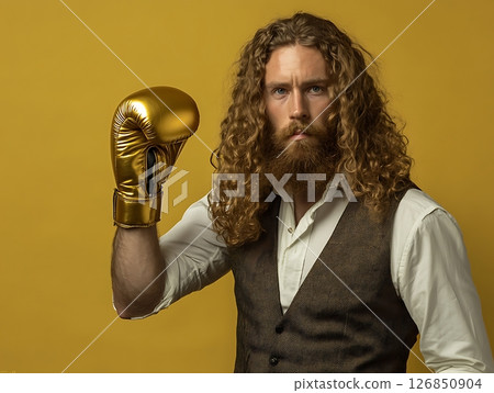 Golden Boxing Gloves with Determined Athlete on Yellow Background Golden Boxing Gloves with Determined Athlete on Yellow Background 126850904