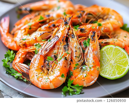 Delicious Grilled Shrimp with Lime and Fresh Herbs Garnish 126850930