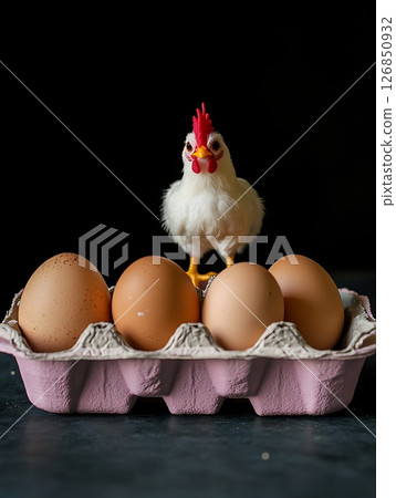 Egg Carton Display Featuring a Proud White Chicken 126850932