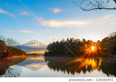 Mount Fuji Reflected at Lake Tanuki, Fujinomiya, Japan 126850955