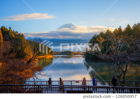 Mount Fuji Reflected at Lake Tanuki, Fujinomiya, Japan 126850957