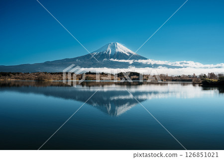 Mount Fuji and Lake Tanuki under a Clear Blue Sky, Fujinomiya, Japan Mount Fuji and Lake Tanuki under a Clear Blue Sky, Fujinomiya, Japan 126851021