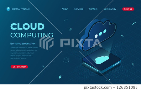 Isometric cloud computing landing page concept. Online computing technology. Digital technology website landing page. Vector illustration 126851083