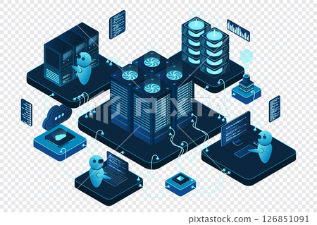 Isometric data center or server room. Data center connection network. Cloud storage. Isometric high technology concept. Vector illustration 126851091