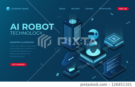 Isometric artificial intelligence robot landing page concept. Machine learning technology. Digital technology website landing page. Vector illustration Isometric artificial intelligence robot landing page concept. Machine learning technology. Digital technology website landing page. Vector illustration 126851101