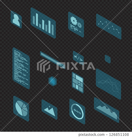 Isometric user interface elements. Infographic charts. Data visualization. Futuristic interface hologram elements. Vector illustration Isometric user interface elements. Infographic charts. Data visualization. Futuristic interface hologram elements. Vector illustration 126851108