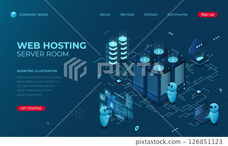 Isometric web hosting landing page concept. Concept of server hosting. Online computing technology. Digital technology website landing page 126851123