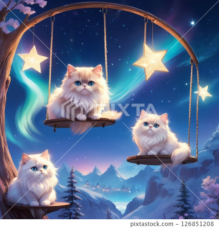 Cats on a swing in a fantasy landscape Cats on a swing in a fantasy landscape 126851208