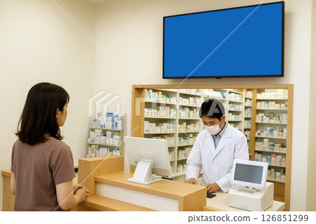 A female patient and a pharmacist waiting to receive medicine at a pharmacy 126851299
