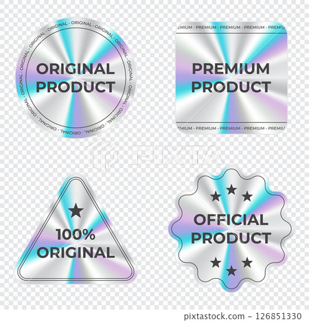 Set of secure holographic sticker. Holographic sticker quality emblem. Shiny rainbow emblem. Symbol of certification product. Vector illustration 126851330