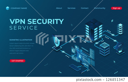 Isometric VPN security landing page concept. Cyber security. Digital technology website landing page. Vector illustration 126851347