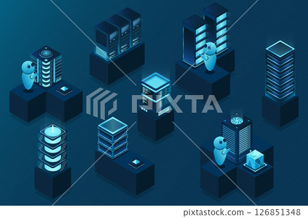 3d isometric concept big data center with server. Cloud computing. Network mainframe infrastructure. Isometric high technology concept 126851348