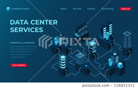 Isometric data center landing page concept. Networking, database, cloud storage. Digital technology website landing page. Vector illustration 126851352