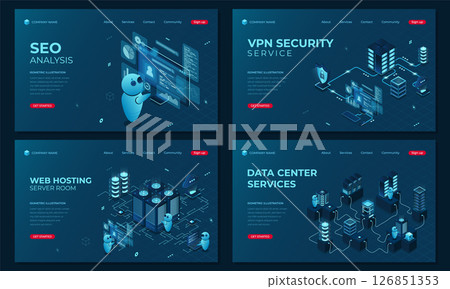 Set of isometric landing page templates. Modern technology concept for seo analysis, web hosting technology, and datacenter with server 126851353