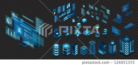 Set of isometric computer technology. Isometric set server equipment. Technology isometric icons. Digital technology items. Vector illustration 126851355