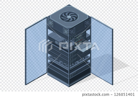 Isometric server. Server racks. Server boxes isolated. Network server room. Computer network technology. Vector illustration 126851401