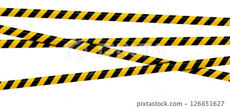 Warning tape with yellow and black diagonal stripes. Warning tape and police line. Warning danger tape. Restriction tape. Seamless line. Vector illustration 126851627