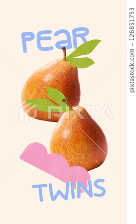 Creative artwork. Two fresh orange pears with green leaves above soft pink curve feel calm and balanced, celebrating natural sweetness Creative artwork. Two fresh orange pears with green leaves above soft pink curve feel calm and balanced, celebrating natural sweetness 126851753