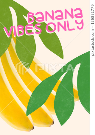 Conceptual art collage. Bright bananas behind large tropical leaves, vibrant yellow curves, reflect light mood and sunny food. Banana Hide. 126851779