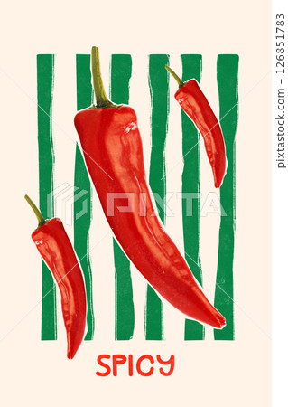 Conceptual art design. Hot red chili peppers on green-striped background, different angles and sizes highlight power, heat and growth. Pepper Line 126851783