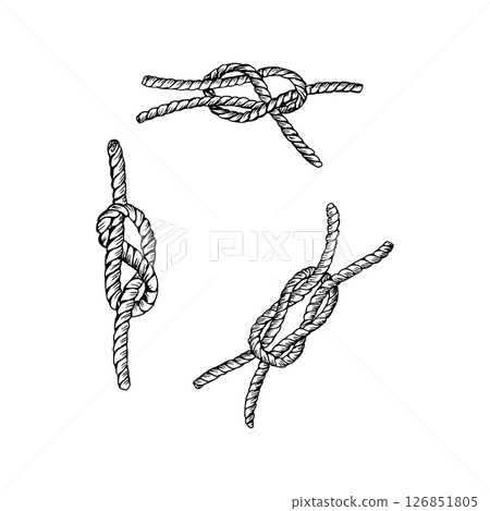 Three detailed illustrations of different rope knots, commonly used in marine. Hand drawn vector illustration. Black and white line art style. Isolated on white. For cards clip art packages. 126851805