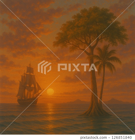 A sailboat and the silhouette of trees floating on the sea at sunset 126851840