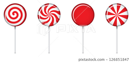 Set of lollipop with spiral and ray patterns. Striped twisted candy. Illustration for new years day, winter holiday, dessert, new years event. Vector illustration 126851847