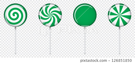 Set of lollipop with spiral and ray patterns. Striped twisted candy. Illustration for new years day, winter holiday, dessert, new years event. Vector illustration Set of lollipop with spiral and ray patterns. Striped twisted candy. Illustration for new years day, winter holiday, dessert, new years event. Vector illustration 126851850