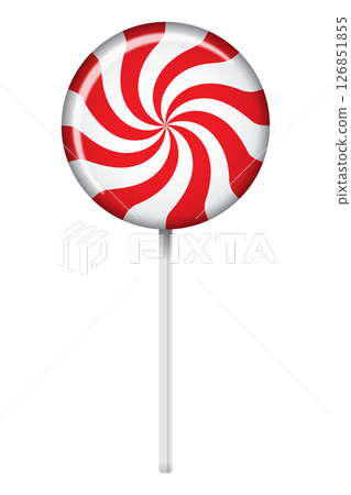 Striped lollipop on stick. Striped twisted candy. Illustration for new years day, winter holiday, dessert, new years event. Vector illustration Striped lollipop on stick. Striped twisted candy. Illustration for new years day, winter holiday, dessert, new years event. Vector illustration 126851855