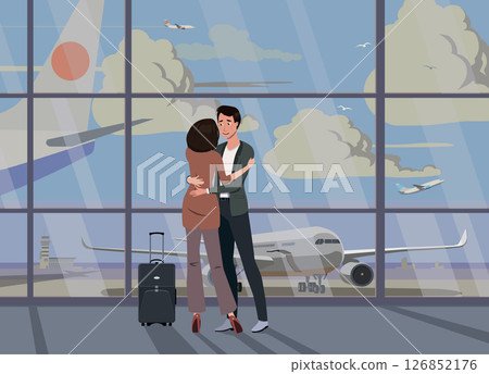 Meeting at the airport against the background of the airfield. Vector. 126852176