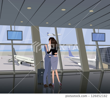 Meeting of lovers at the airport terminal. Vector. 126852182