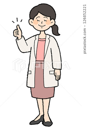 Hand-drawn style: Female doctor wearing a white coat with a thumbs up and open in front, skirt style Hand-drawn style: Female doctor wearing a white coat with a thumbs up and open in front, skirt style 126852221