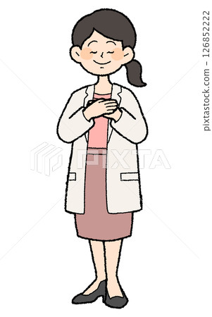 Hand-drawn style: Female doctor wearing white coat with open front and hands on chest, skirt style Hand-drawn style: Female doctor wearing white coat with open front and hands on chest, skirt style 126852222
