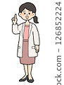 手繪風格：女醫師身穿白大褂，前襟敞開，食指向上，裙子風格 126852224